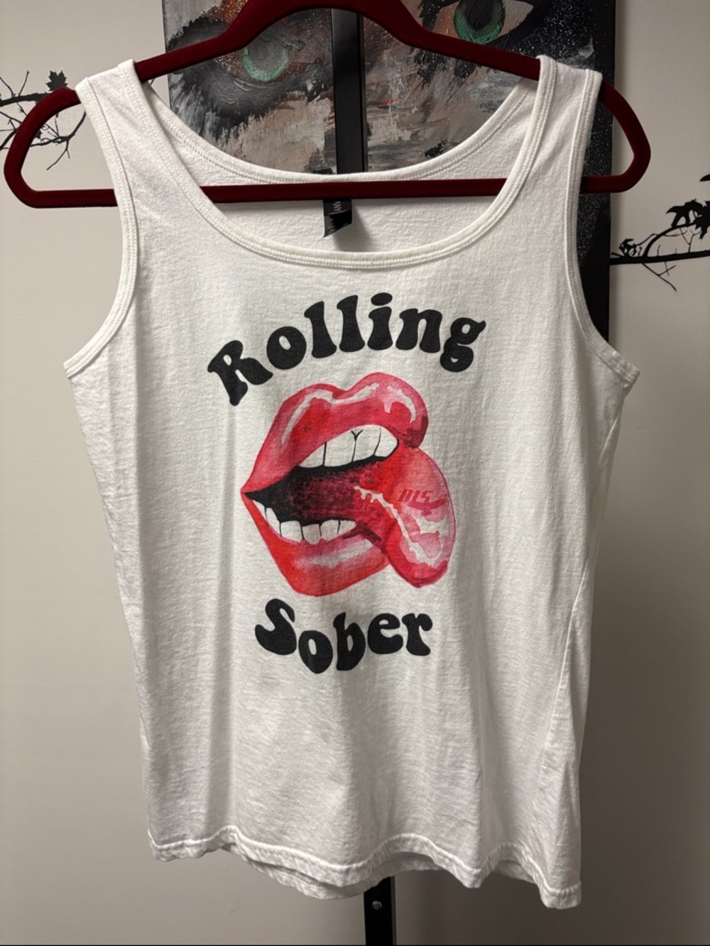 Rolling Sober White Graphic Tank Top with Red Lip Print - Women